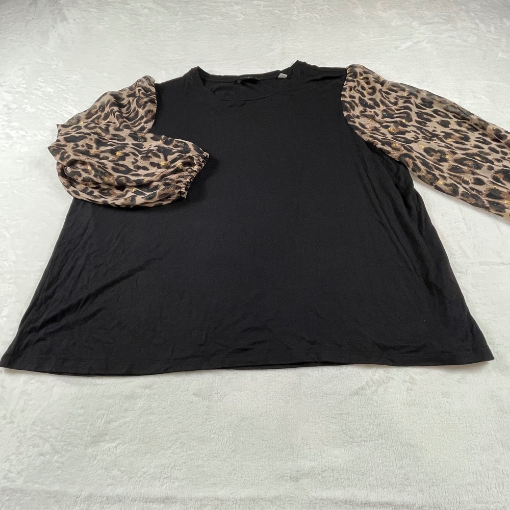 Tahari Woman Black Leopard Print Sheer Long Sleeve Top Plus 2X Workwear Chic